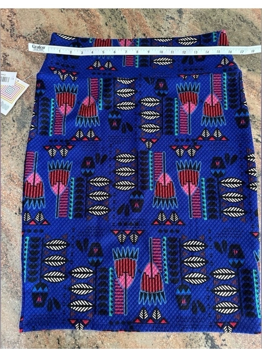 LuLaRoe Royal Blue Geometric Pencil Skirt with Pink & Teal Accents
